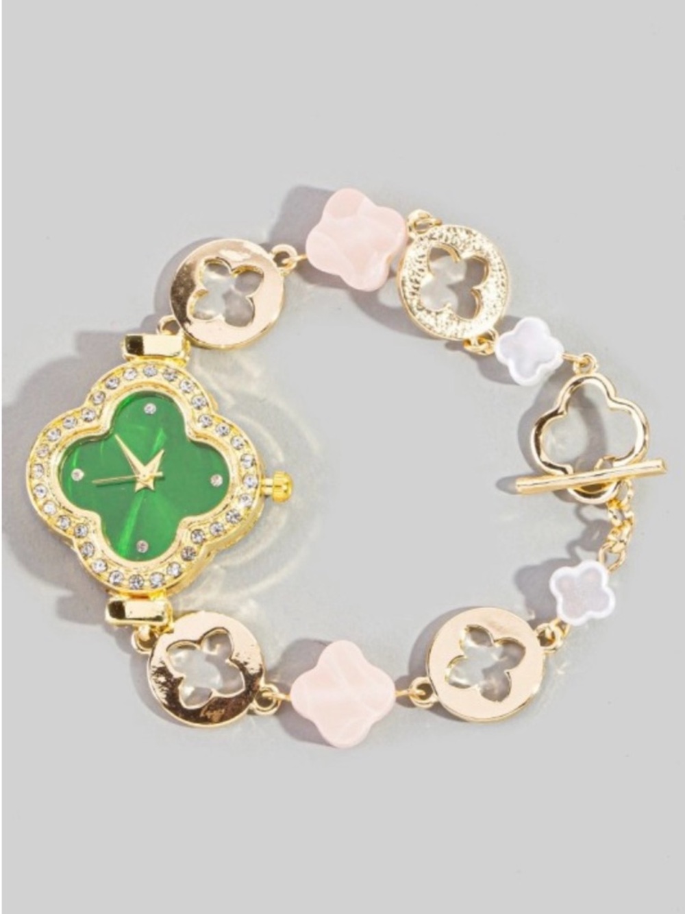Gold-Tone Floral Link Bracelet Watch with Green Dial